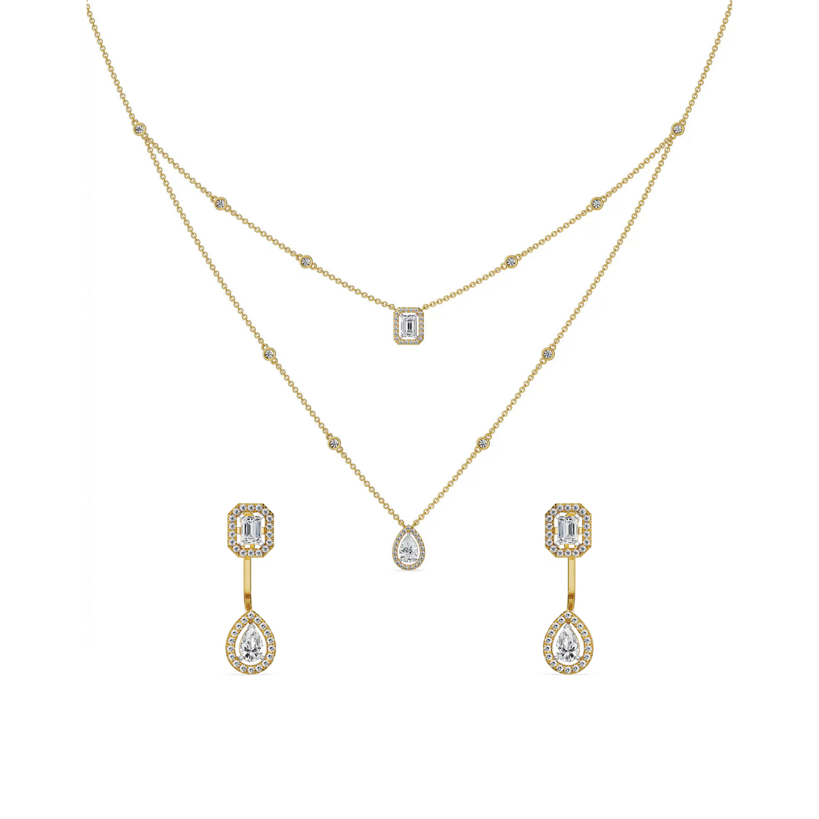 Layered Halo Solitaire Lab Grown Diamond Necklace Set - front view