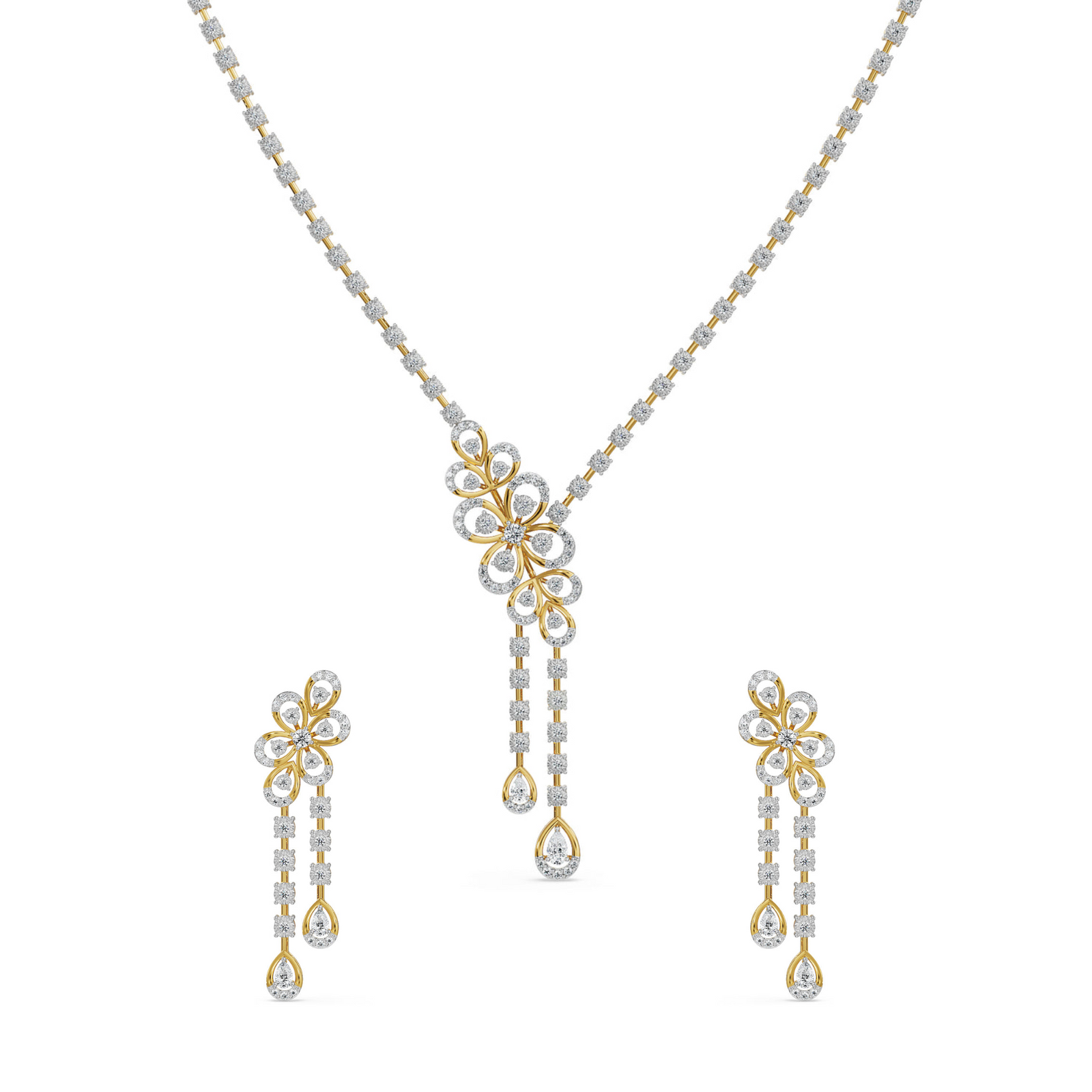 Floral Cascade Lab Grown Diamond Necklace Set - front view in 9KT
