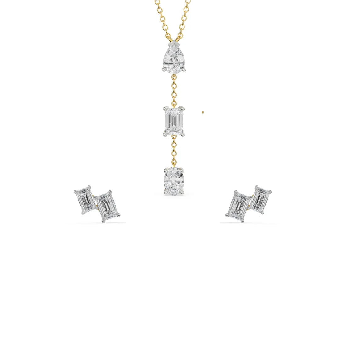 Emerald Tri Lab Diamond Necklace Set 9KT