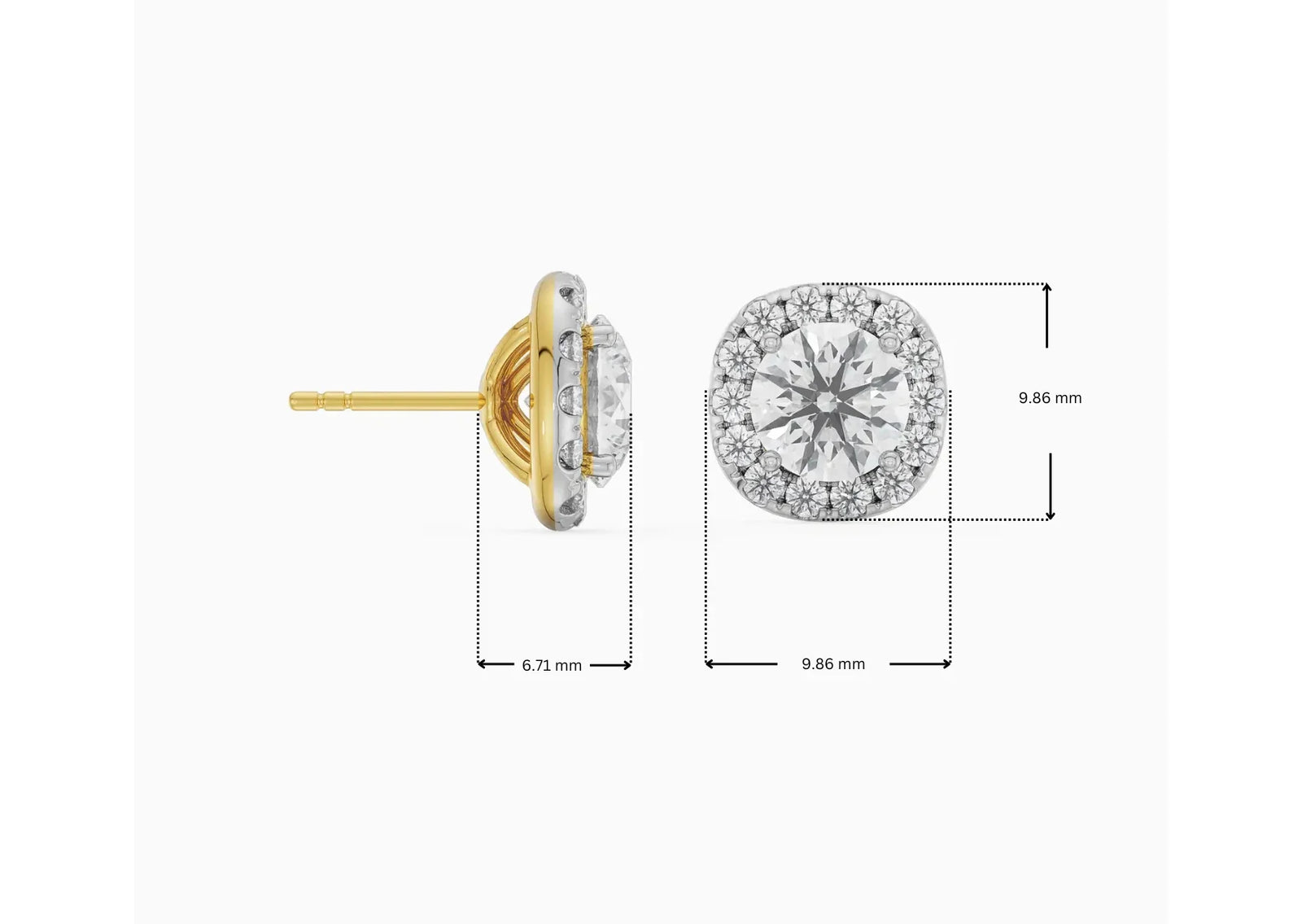Dimension Guide for 1 CT Cushion Halo Lab Grown Diamond Detachable Studs