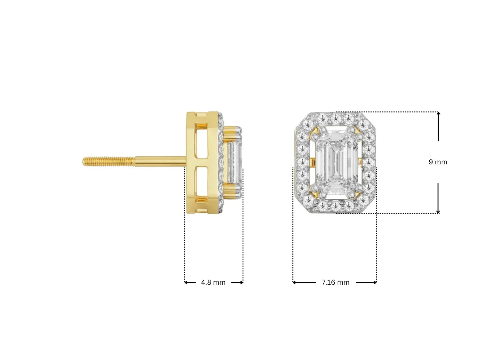 Dimension guide for Shimmering Halo Emerald Lab Grown Diamond Earrings