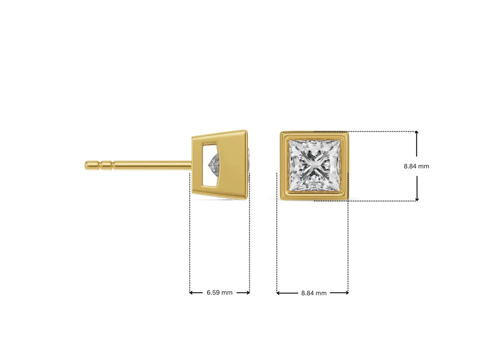 Dimension Guide for 1.5 CT Bezel Princess Lab Grown Diamond Solitaire Studs