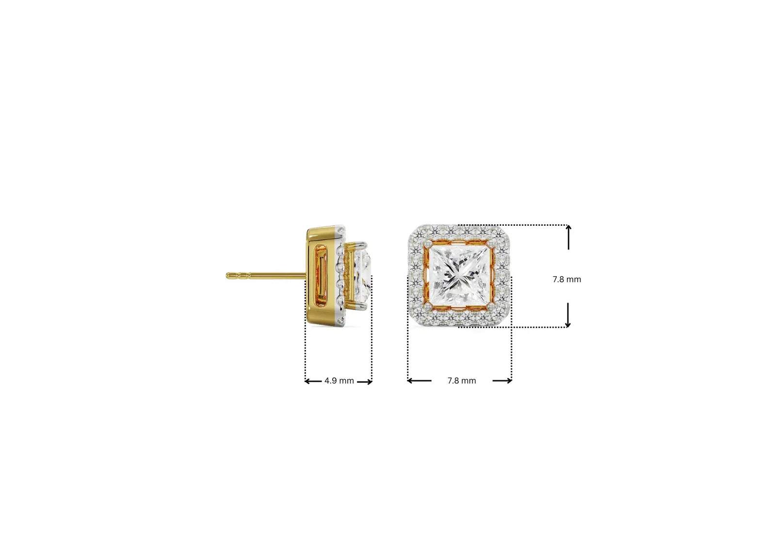 Dimension Guide for 0.50 CT Princess Frame Lab Diamond Studs