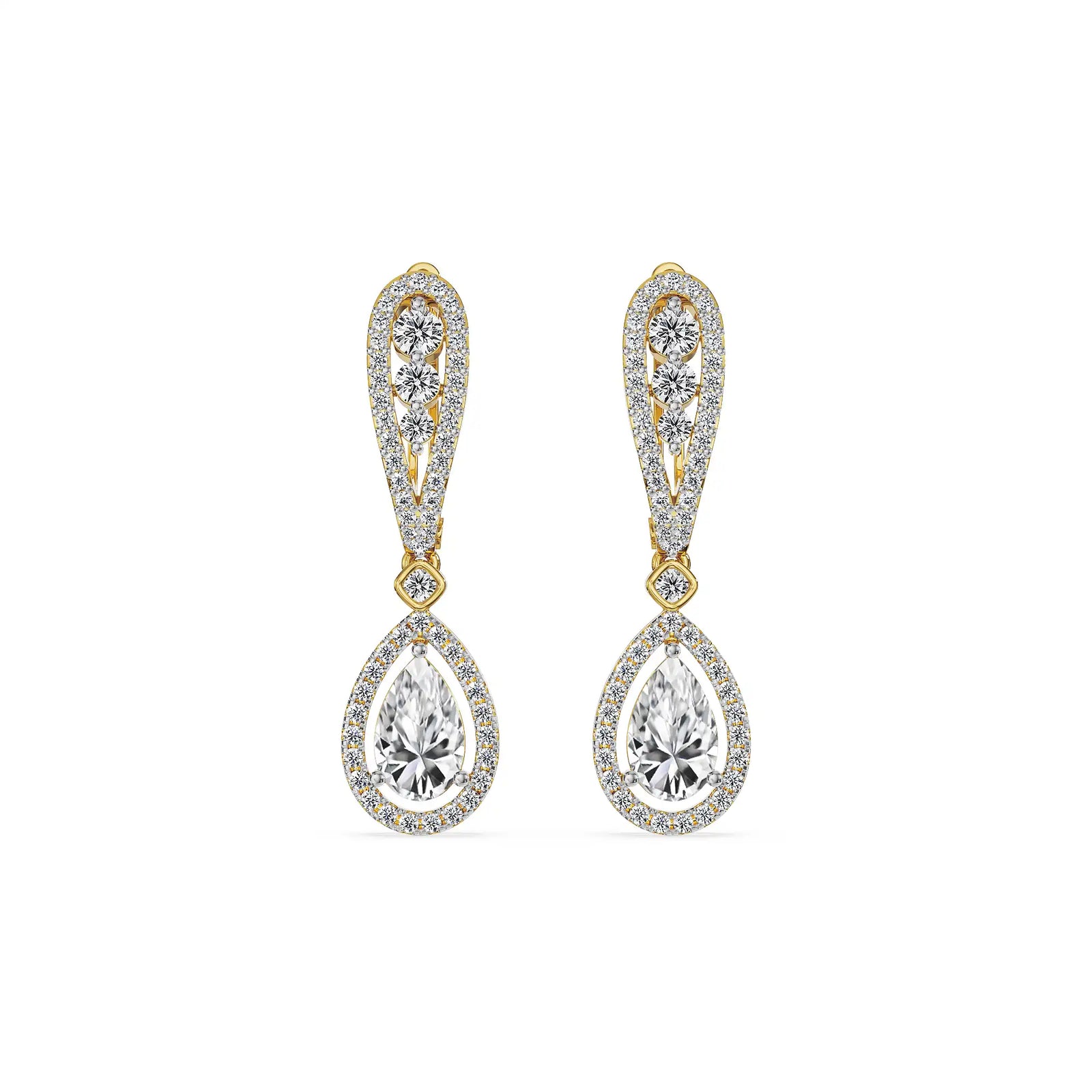 Halo Pear Cluster Dangler Earrings - front view in 9KT