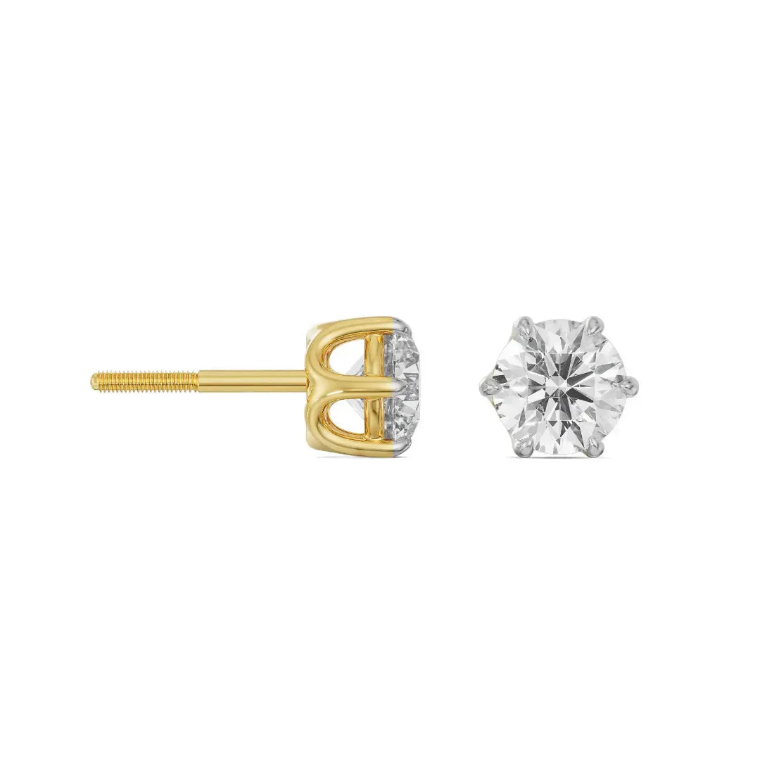 Six Prong 1 CT Lab Grown Diamond Studs - perspective view in 9KT