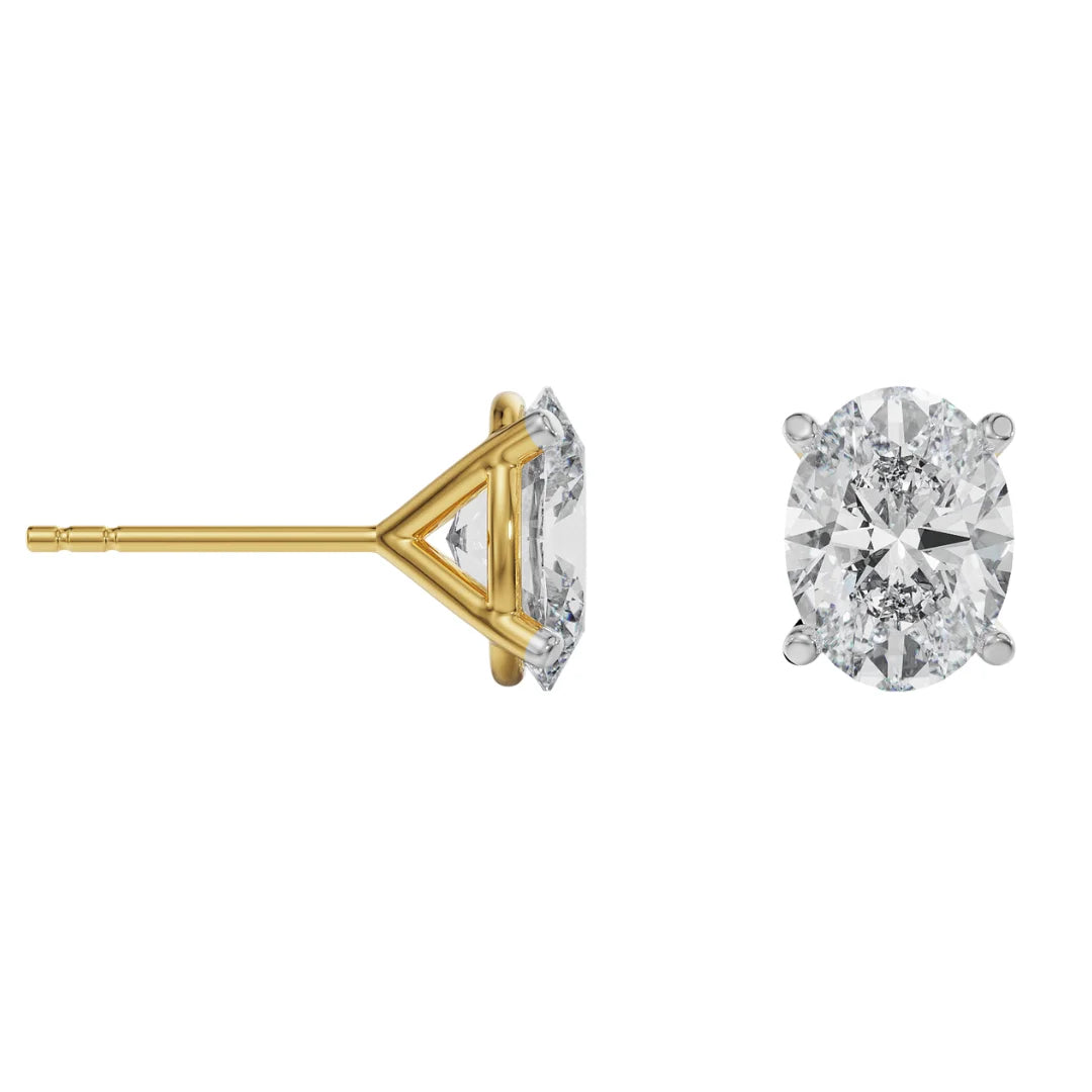 2 CT Oval Solitaire Lab Grown Diamond Studs - perspective view in 9KT