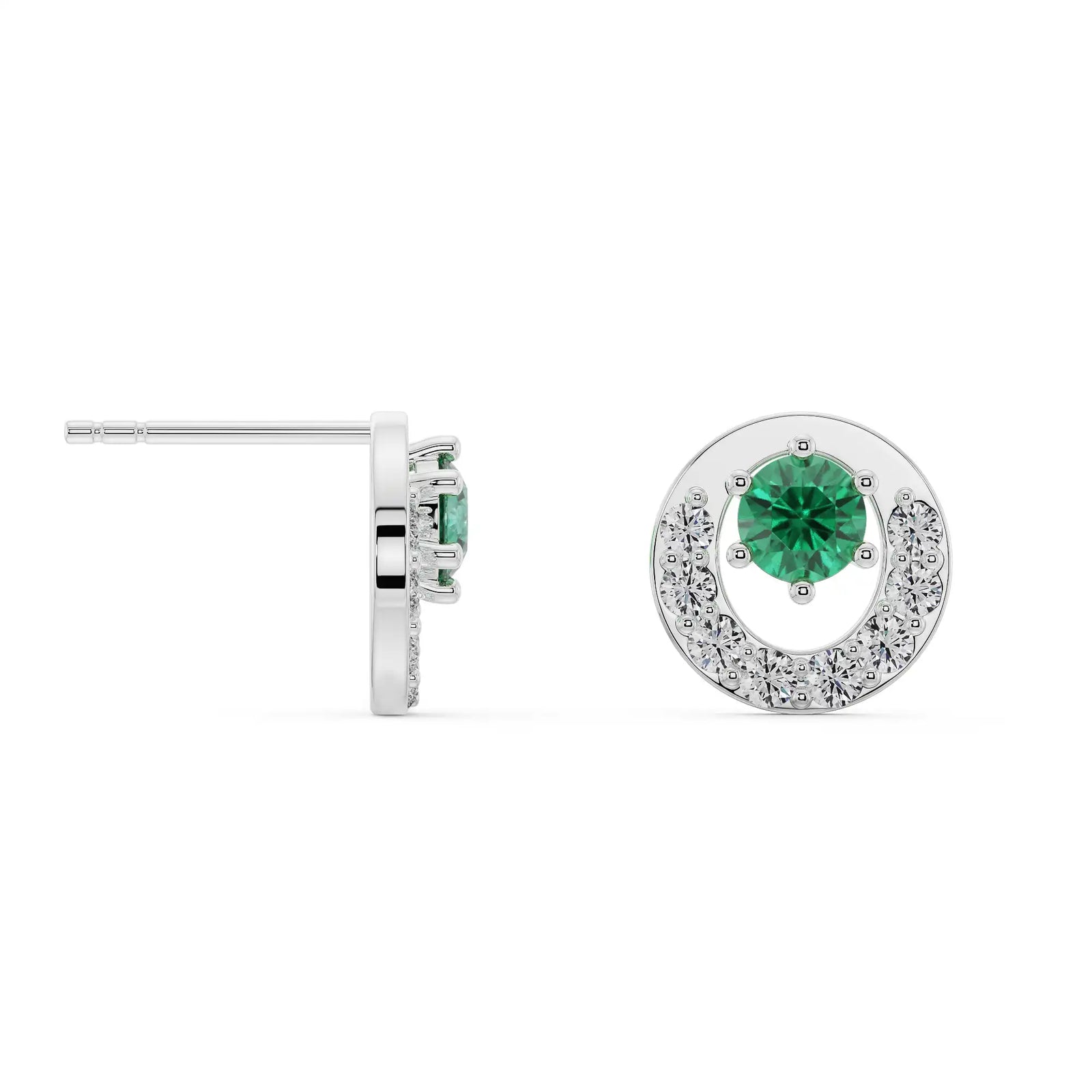 Halo Emerald Diamond Studs Prospective view