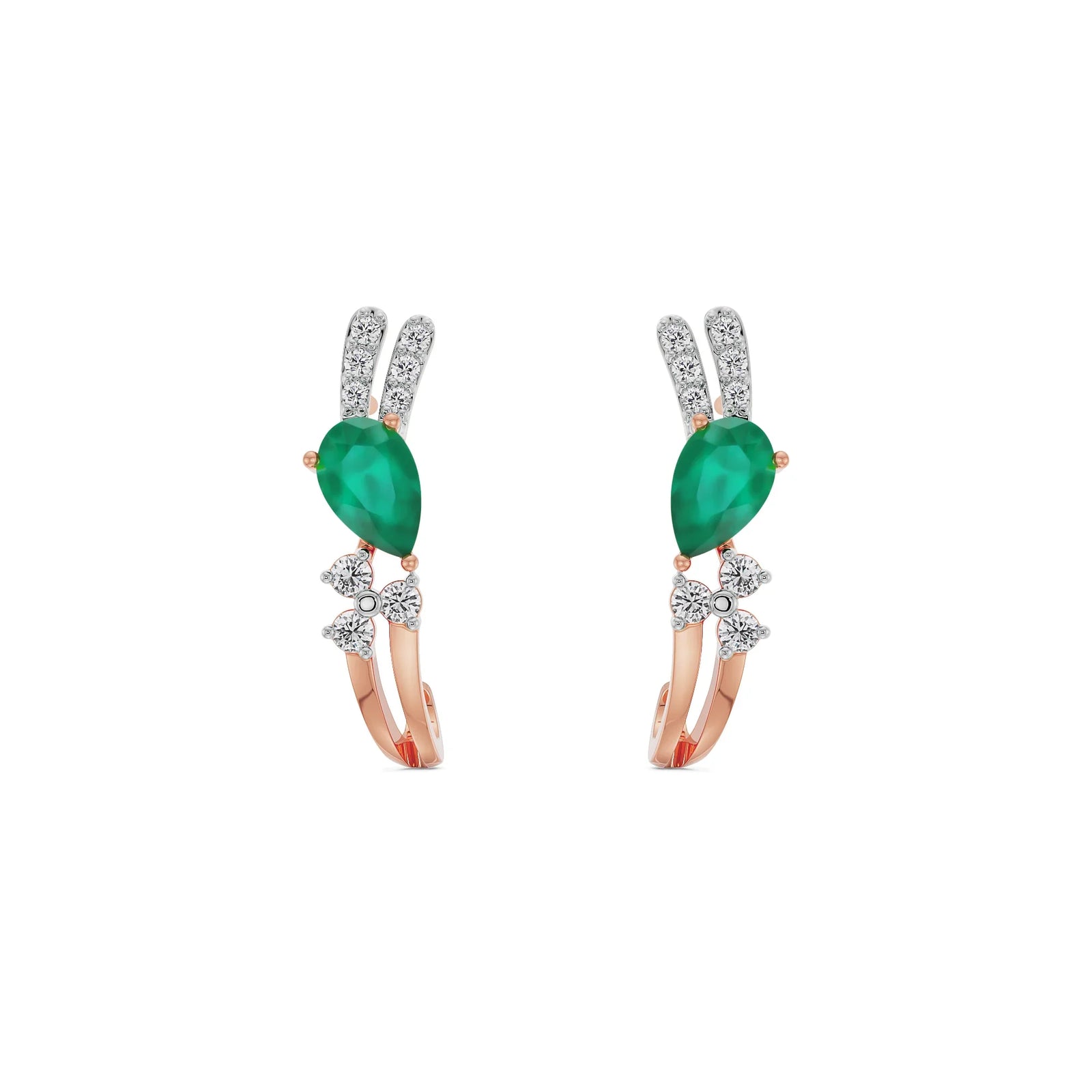 Regal Pear Emerald Diamond Hoops Front view in 9KT