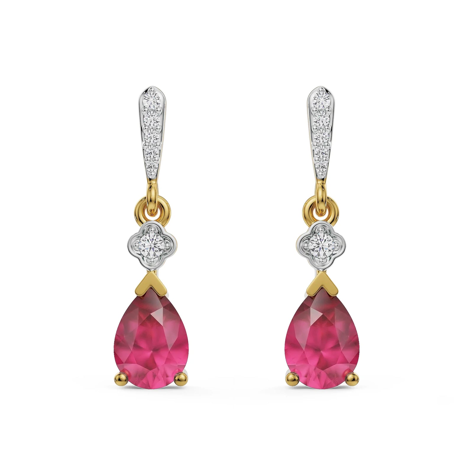 Ruby Drop Diamond Earrings Front view in 9KT