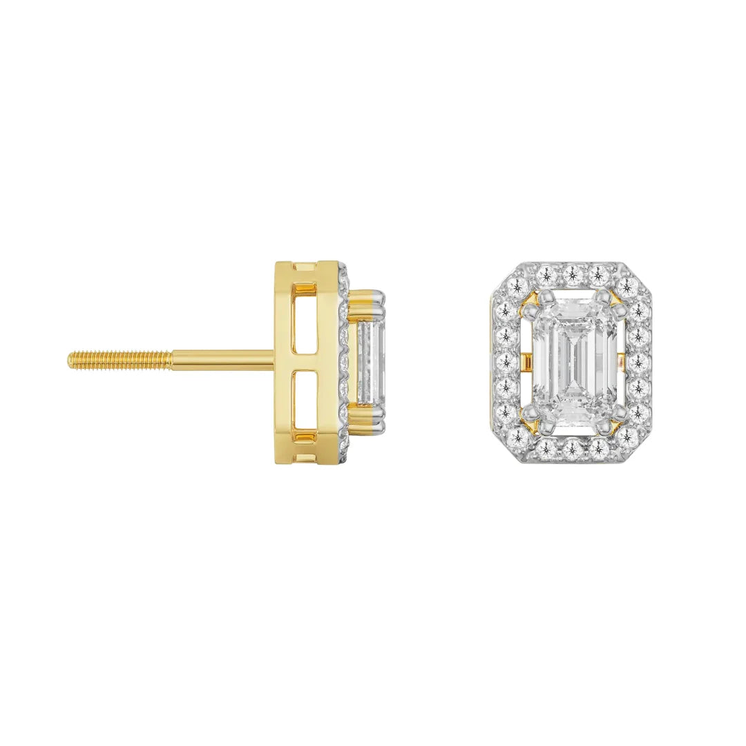 Shimmering Halo Emerald Lab Grown Diamond Earrings - perspective view