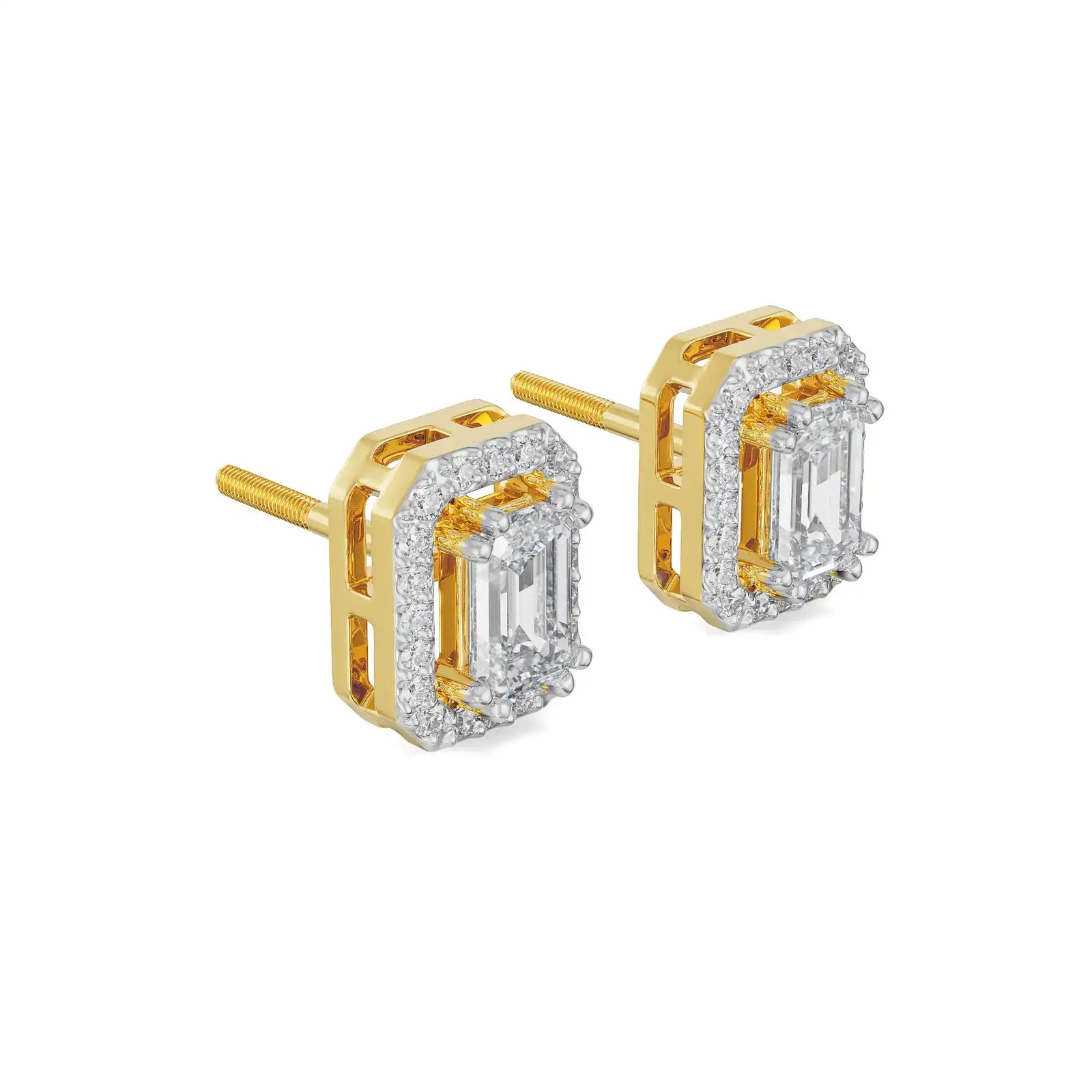 Shimmering Halo Emerald Diamond Earrings Side View