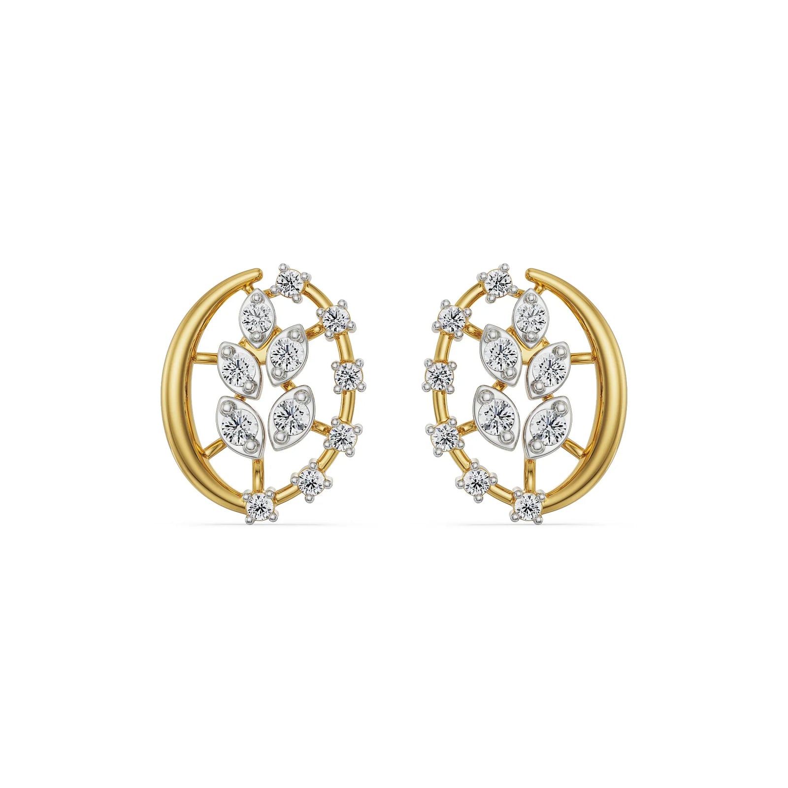 Leafy Diamond Studs Front View in 9KT