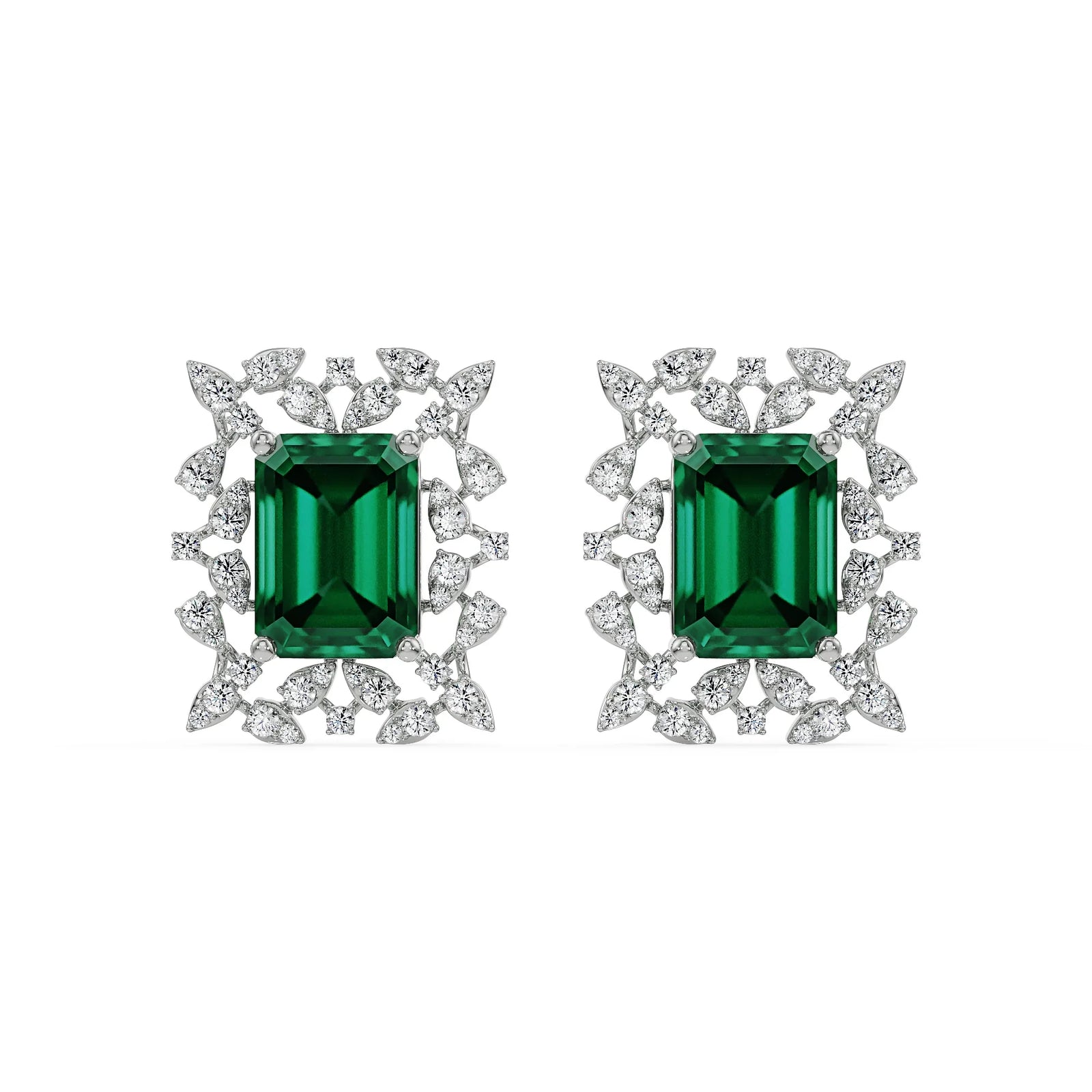 Vintage Emerald Diamond Studs Front View in 9KT