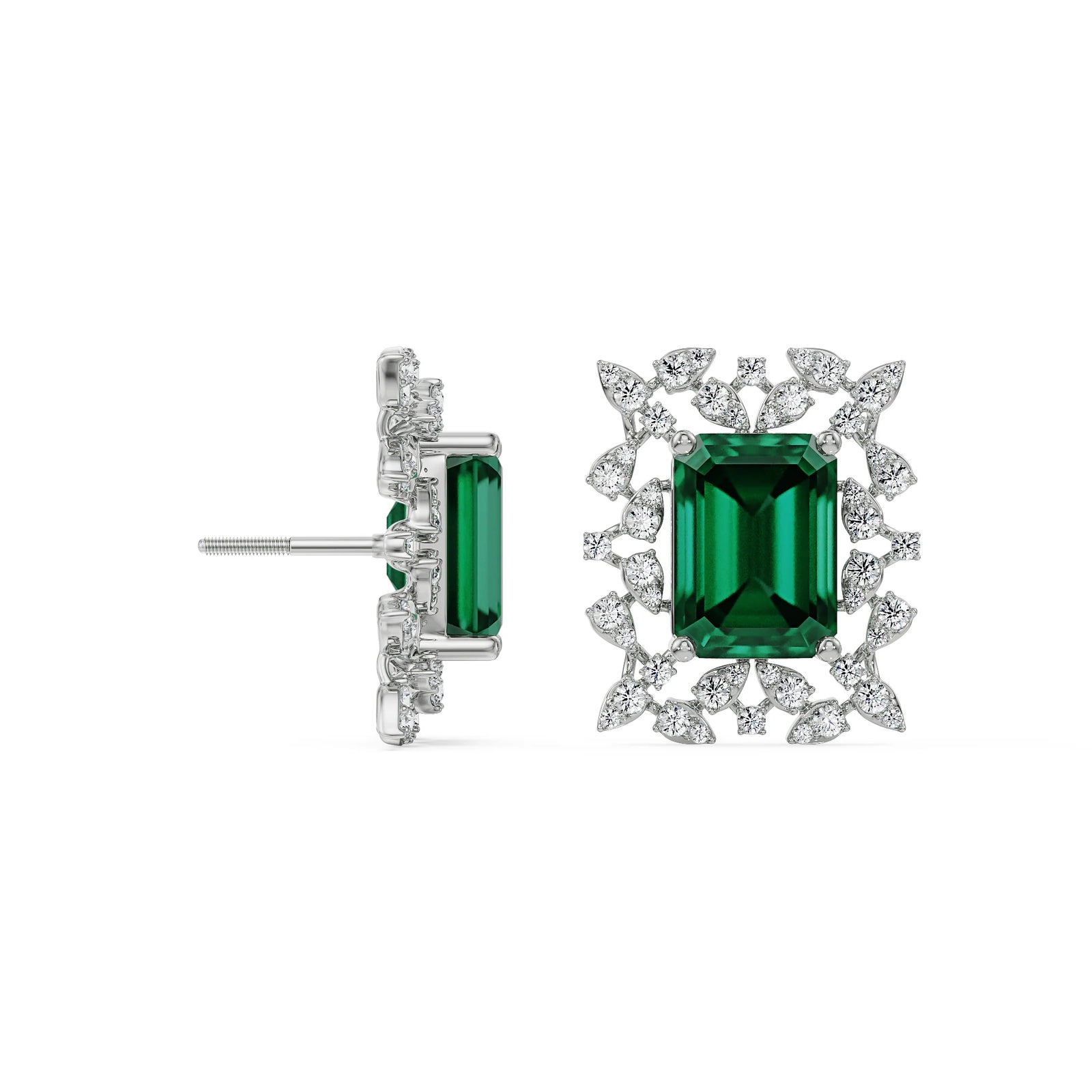 Vintage Emerald Diamond Studs Left View