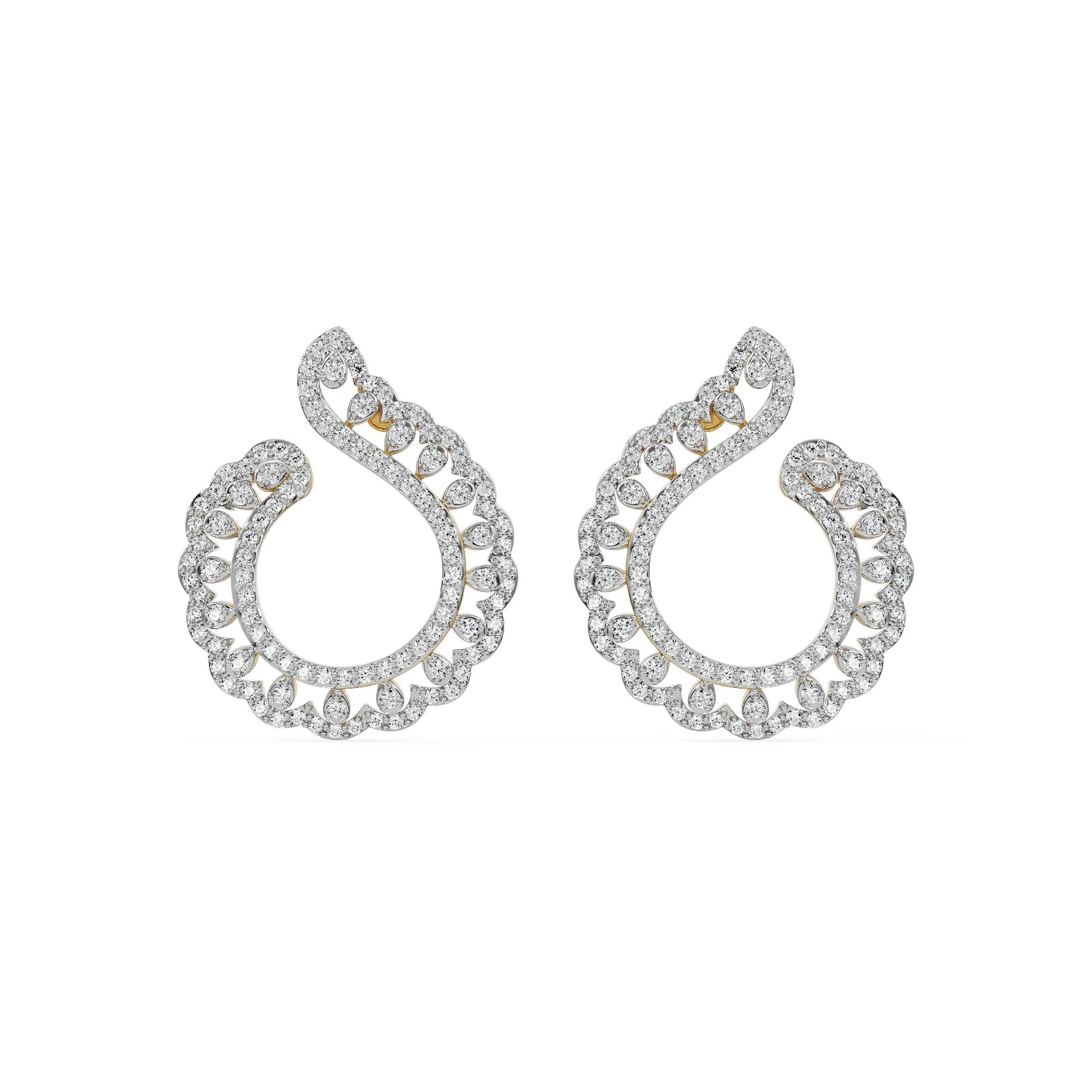 Feather Shaped Diamond Earrings Front View in 9KT