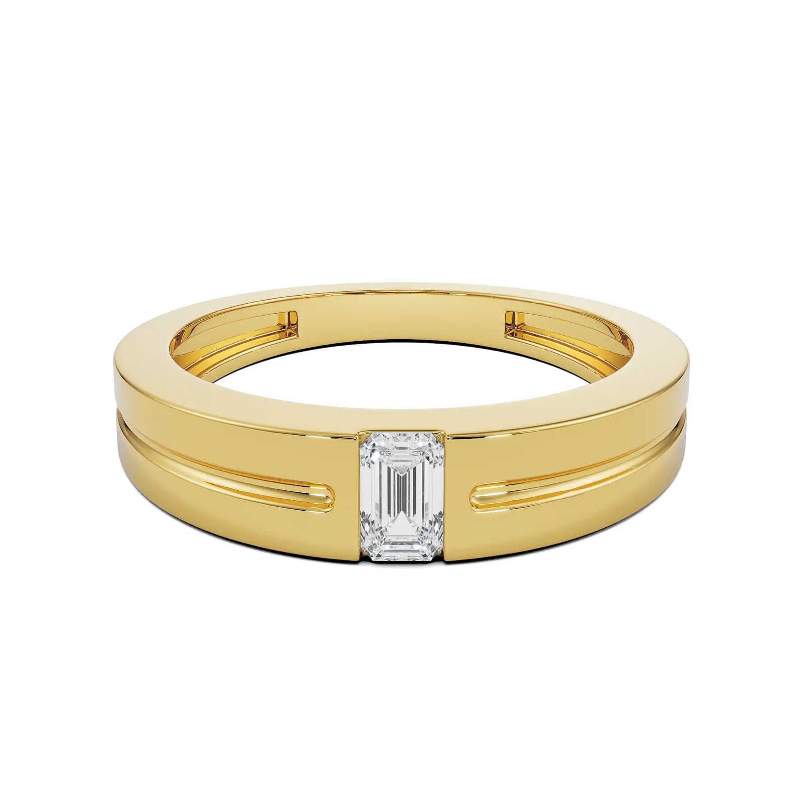 Sleek Emerald Men’s Diamond Ring Front View in 9KT