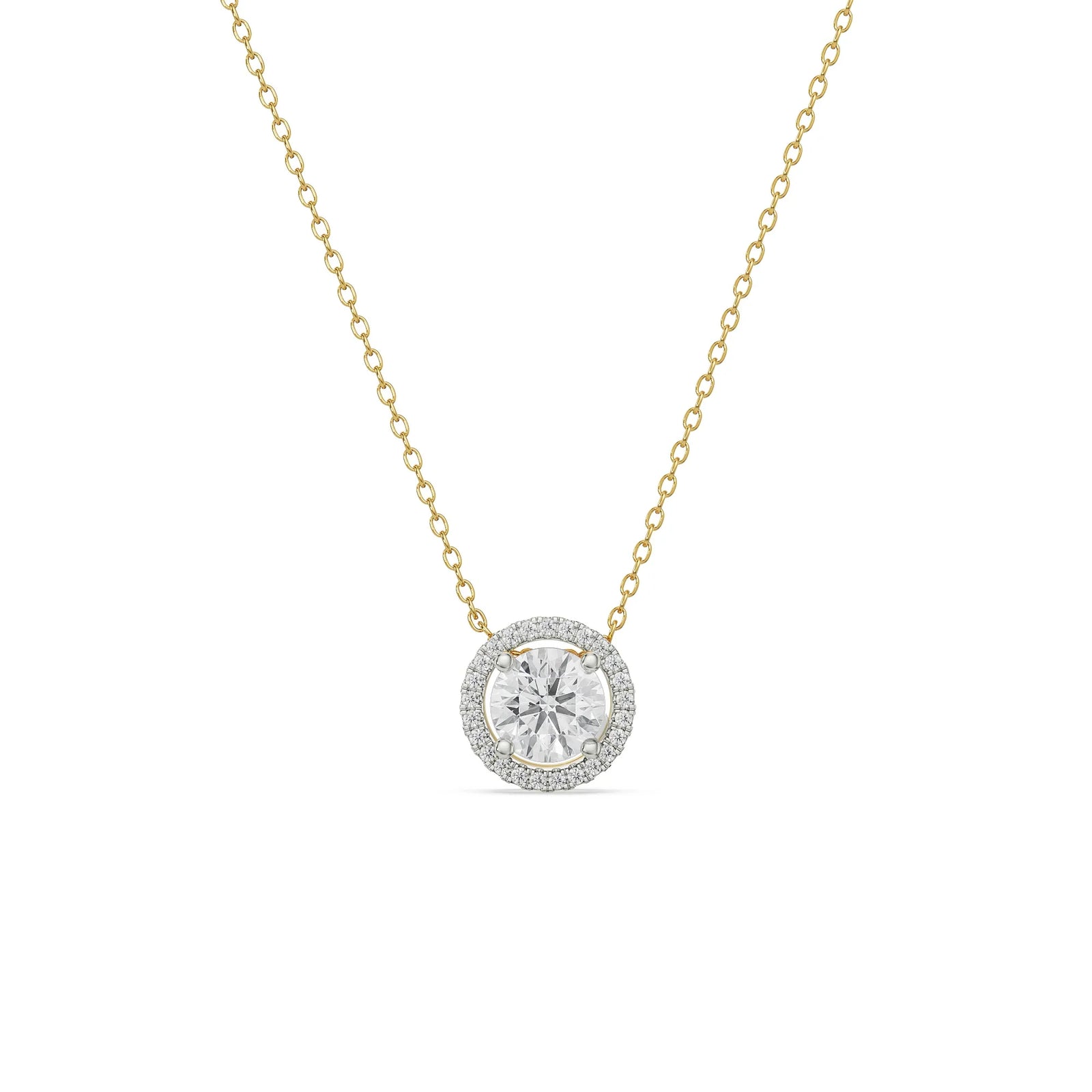 Halo Round Solitaire Necklace Front View in 9KT