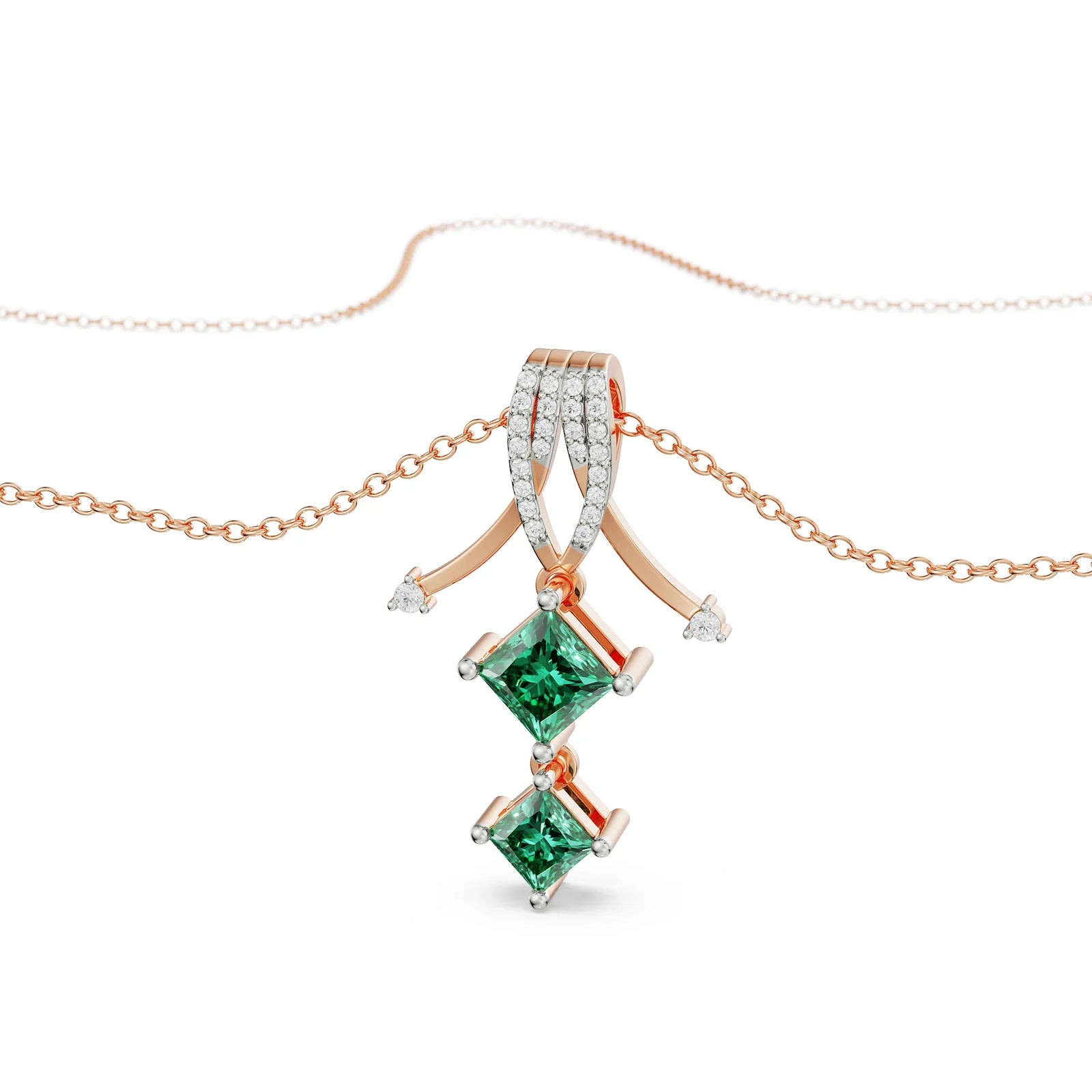 Arrow Emerald Diamond Pendant Prospective View in 9KT