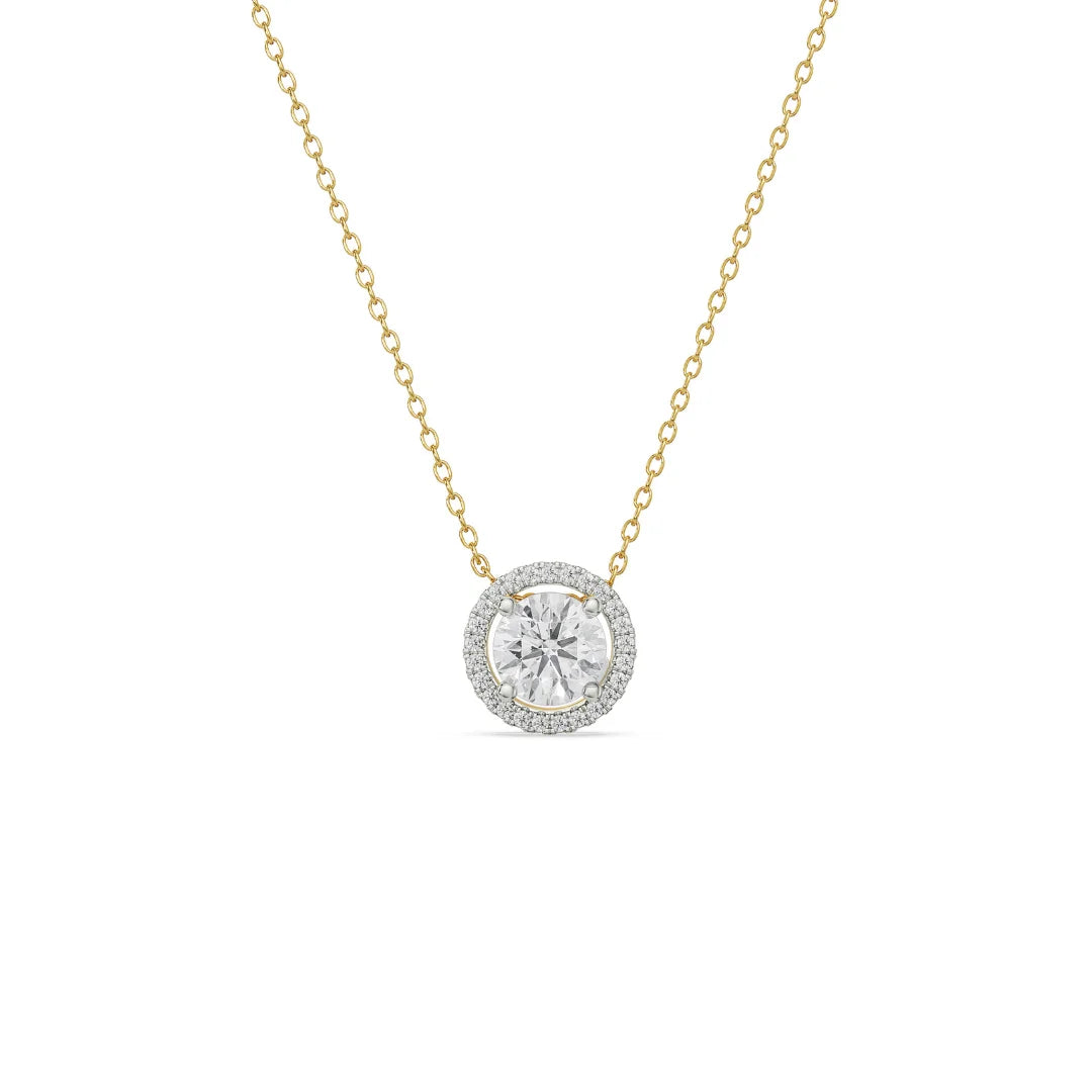 1 CT Round Halo Glistening Lab Diamond Pendant- front view in 9KT