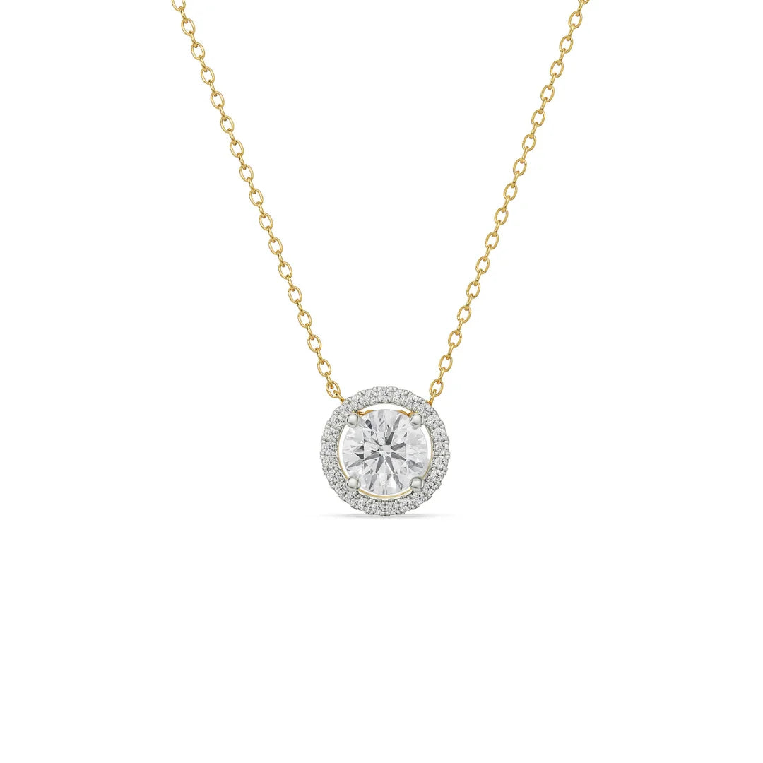 1.5 CT Round Halo Glistening Lab Diamond Pendant- front view in 9KT