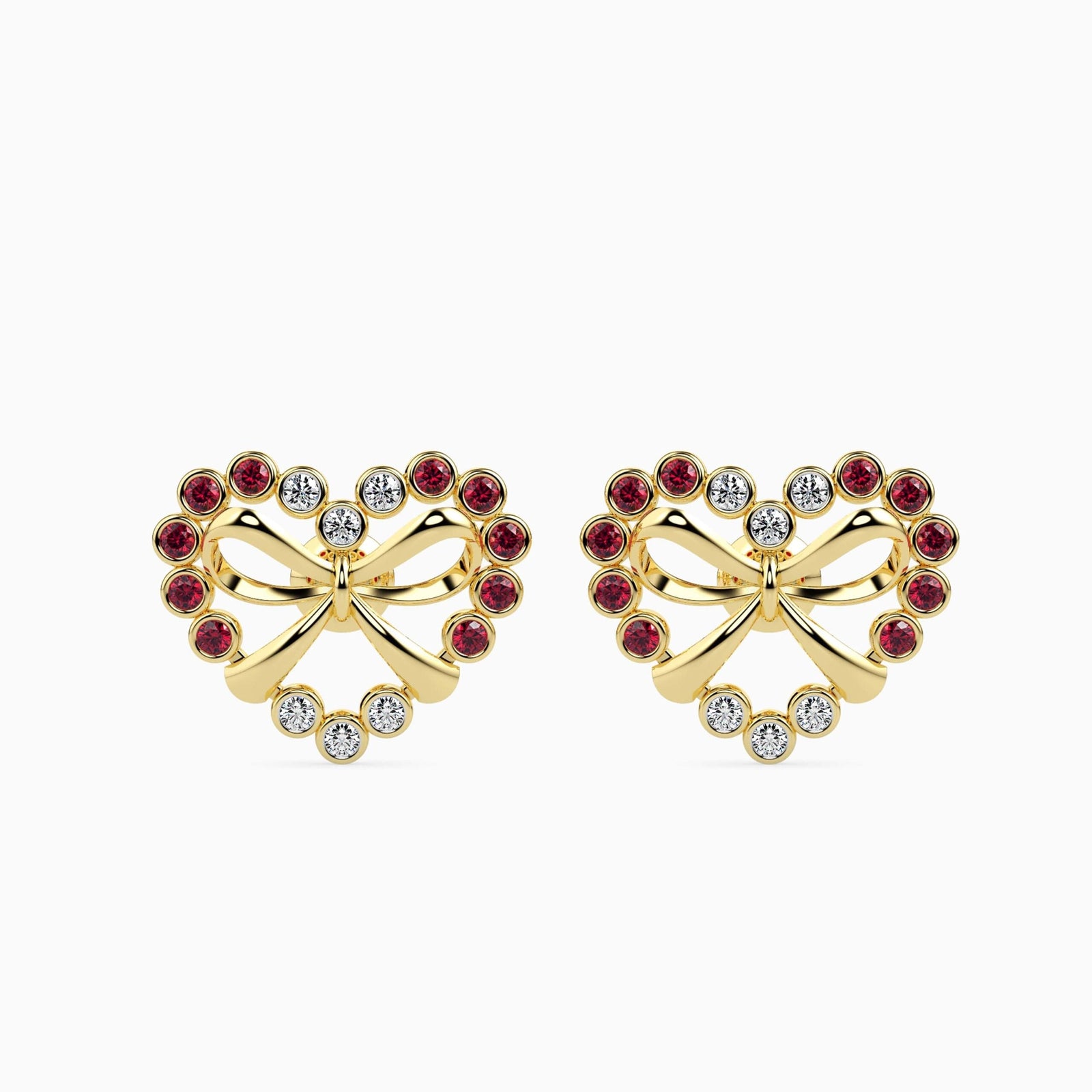 Bow and Heart Stud Earrings Front view in 9KT