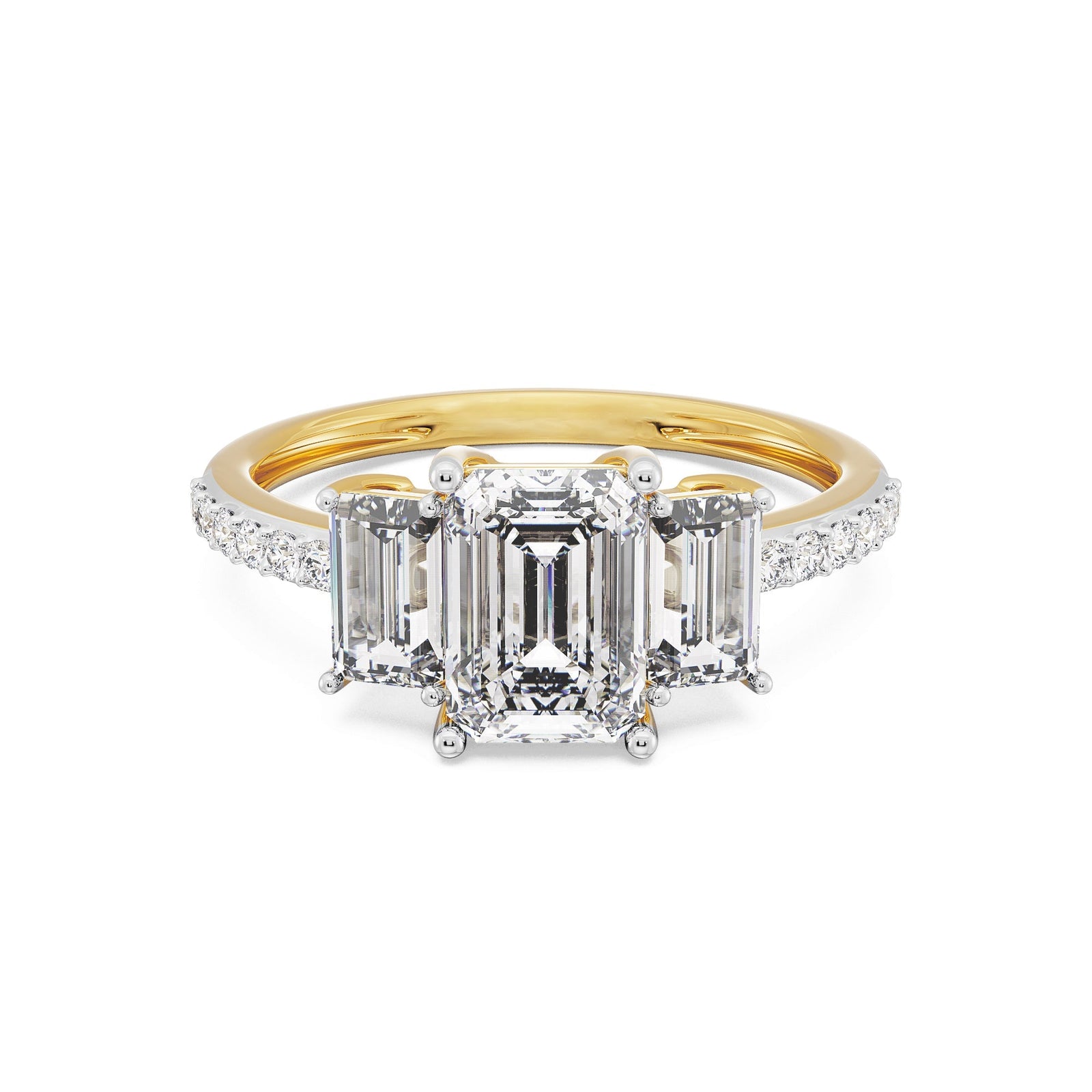 Three Stone Emerald Diamond Ring Front View in 9KT