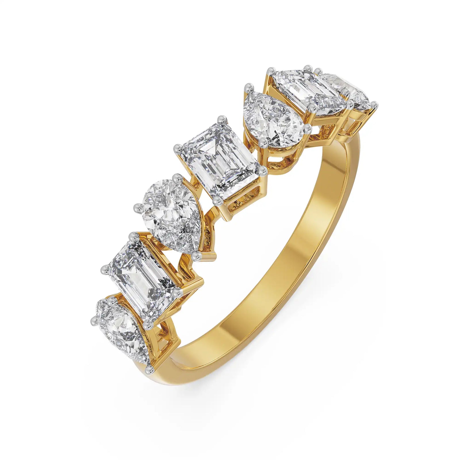 Pear and Emerald Diamond Band Top View in 9KT