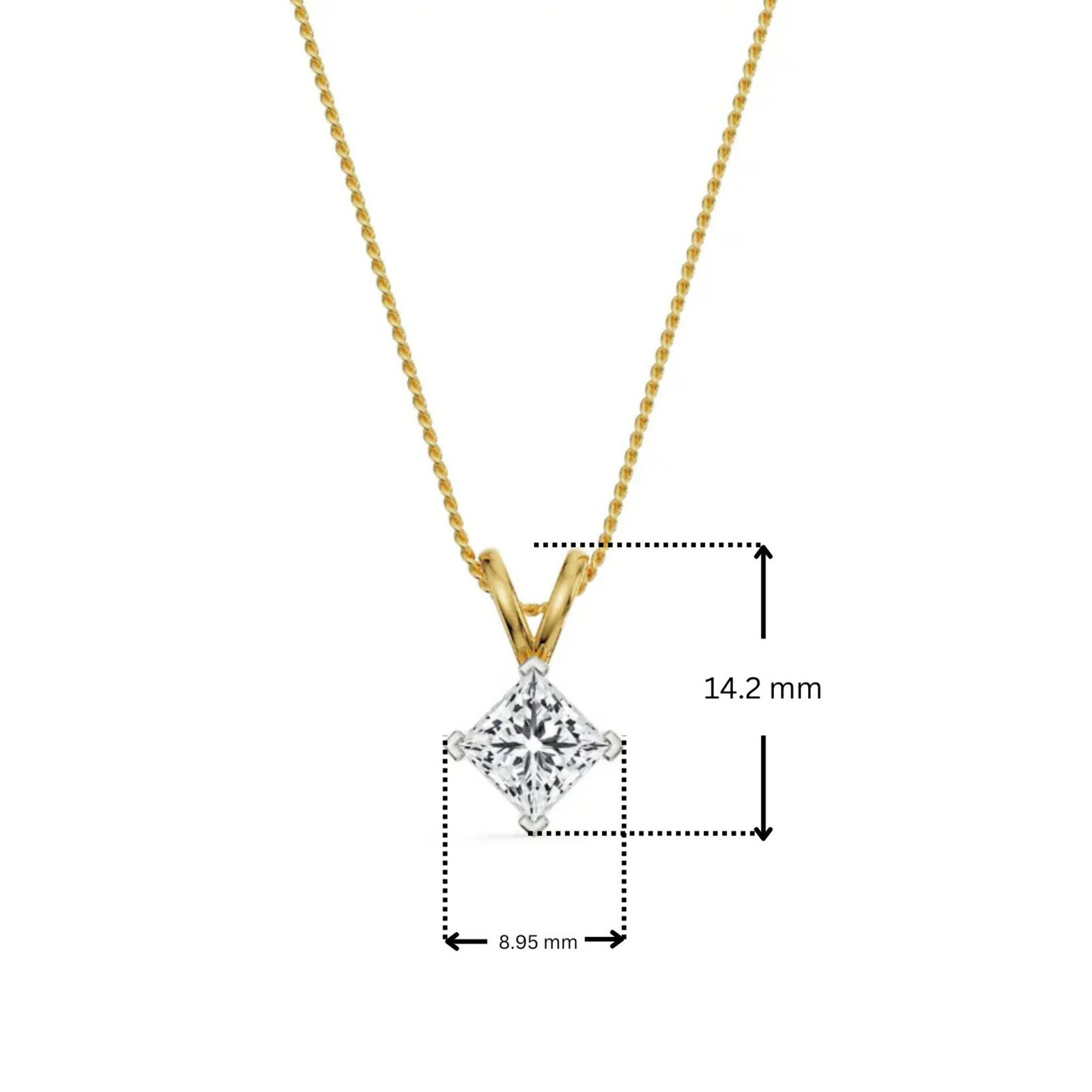 Dimension Guide for 1 CT Princess Cut Lab Diamond Pendant
